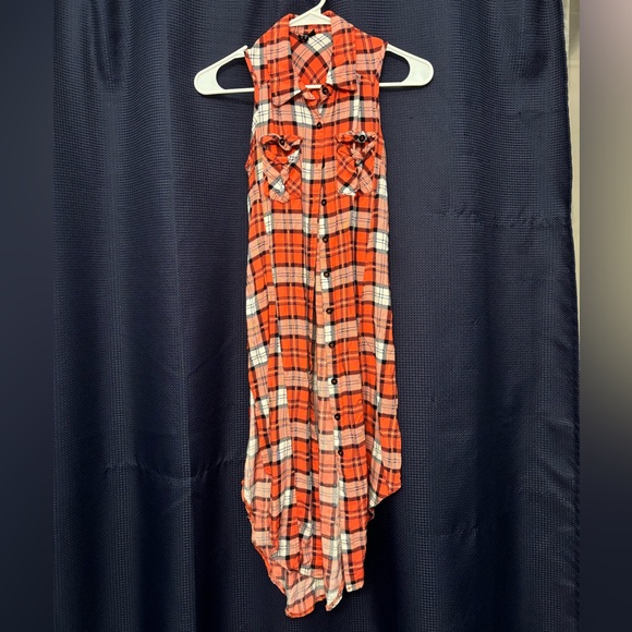 Love Ari Plaid Tartan Tunic Button Up Sleeveless Orange White Women’s Size S - Picture 2 of 13